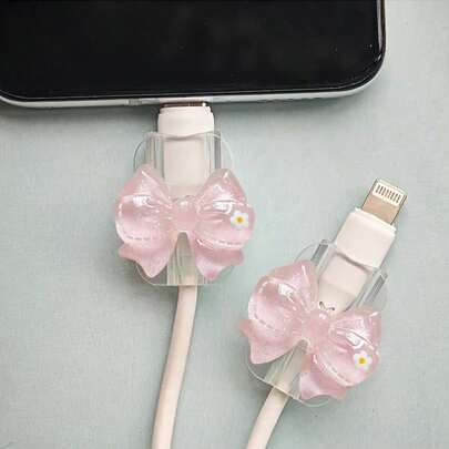2pcs Transparent Floral Bow Tie Lightning (5-14) Type-C Cable Protector - Durable, Resistant To Breakage, Fashionable Phone Accessory Design - Plastic Cable Protector With Cute Bow Tie Decoration, Charging Cable Protector