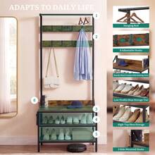 BALCONERA Industrial Freestanding Coat Rack With Shoe Storage Shelves & 9 Hooks, Metal Frame Hallway Entryway Organizer Unit - Brown - View 4