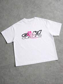 OVDY Áo thun dáng rộng unisex phong cách retro, in họa tiết hoa và logo, thích hợp mặc đi lễ hội âm nhạc hoặc đi làm. - trắng - Xem 2