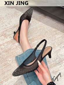 Xin Jing Shoes 新款春夏女士中跟凉鞋，时尚百搭圆头网面水钻装饰婚礼派对露趾细高跟鞋 - 黑色 - 查看 1
