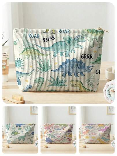 1个卡通恐龙印花灯芯绒化妆包，超大容量，超轻便携，多功能实用洗漱包，可收纳口红、化妆刷、护肤品、手机、零钱、小物件等，适合居家、送礼、度假、节日使用，多功能化妆品收纳包，适合青少年、返校季、化妆品和洗漱用品收纳，学习用品收纳袋