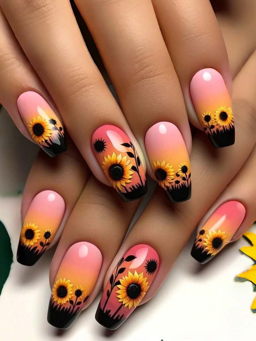 24pcs Ombre Sunflower Design Nail Stickers, Long Lasting Y2K Style Nail Art Supplies - Pink - View 1