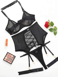 3pcs Women's Sexy Lingerie Set, Mesh Garter Belt - Black - View 4
