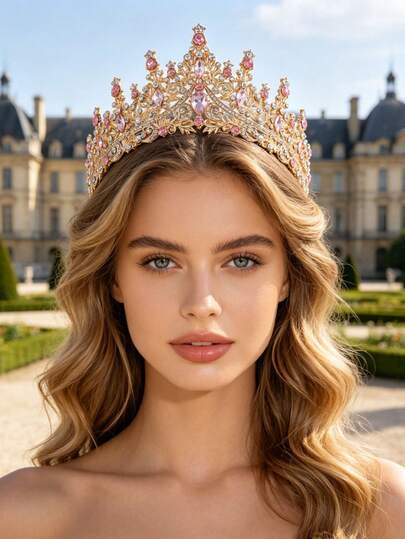 1pc Fashionable New Pink Teardrop Crown, Suitable For Children And Women, Wear For Wedding, Festival, Birthday Party