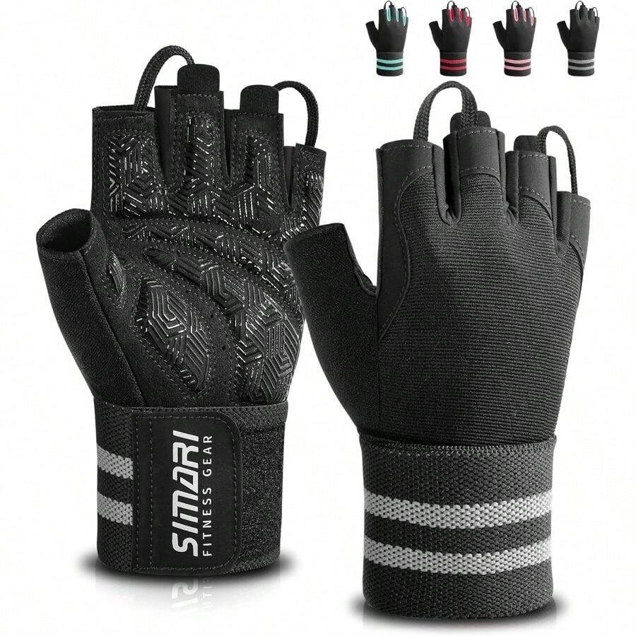 Workout Gym Gloves Men Women, Weight Lifting Gloves With Wrist Wrap Support, SBR Pad Grip Full Exercise, Fitness, Dumbbells, Barbell, Climbing, Fingerless - Black + Large - View 1