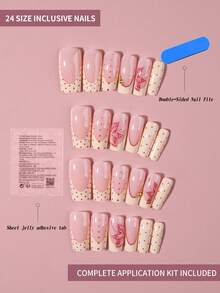 24片长棺材形3D立体花卉凝胶美甲贴纸，波点图案，钢珠装饰，黄色法式按压式美甲贴片，方形亚克力假指甲，完美贴合，包含1片果冻凝胶和1个指甲锉，易于佩戴，适合夏季和法式美甲，适合女性和女孩日常、派对佩戴 - 彩色 - 查看 2