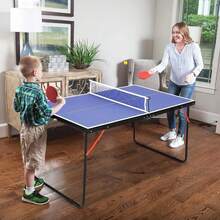 Mesa de ping pong plegable, juego de tenis de mesa de MDF con red, 2 paletas y 3 pelotas. Mesa de juego familiar portátil para interior, color negro, medidas 54'' x 30'' x 26.6'' - Azul - Ver 1