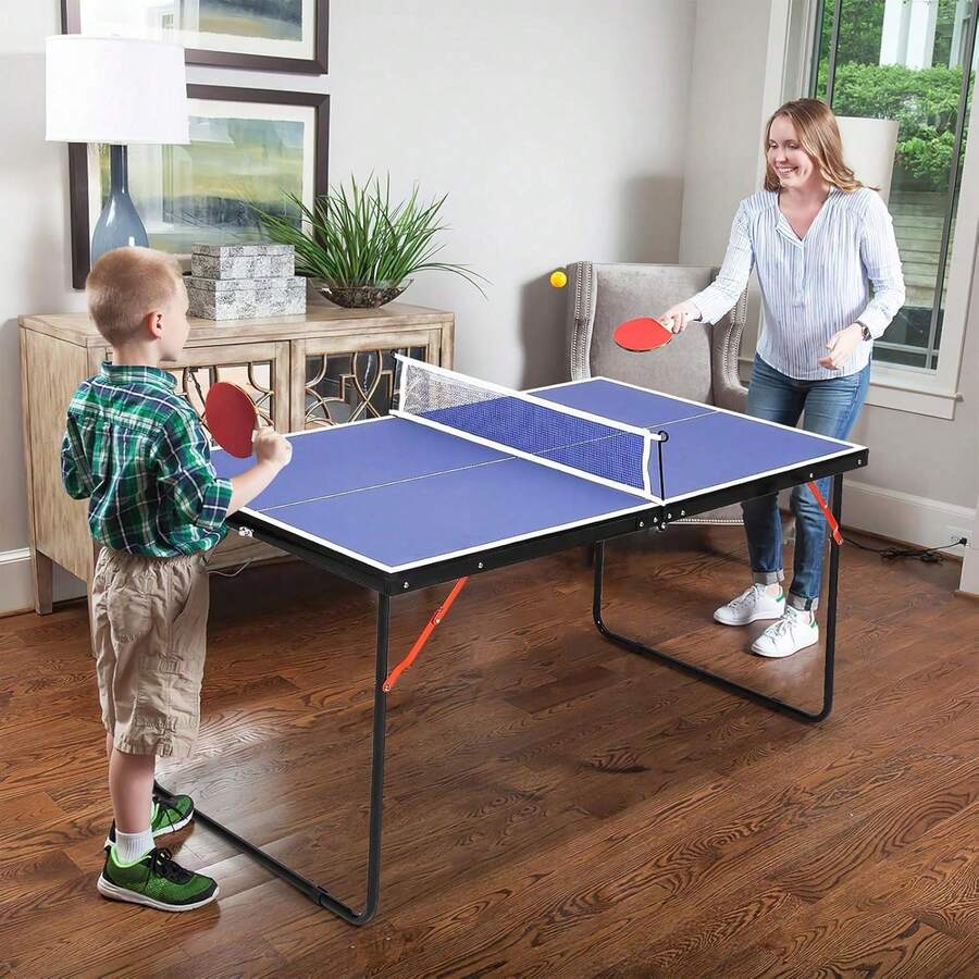 Mesa de ping pong plegable, juego de tenis de mesa de MDF con red, 2 paletas y 3 pelotas. Mesa de juego familiar portátil para interior, color negro, medidas 54'' x 30'' x 26.6'' - Azul - Ver 1