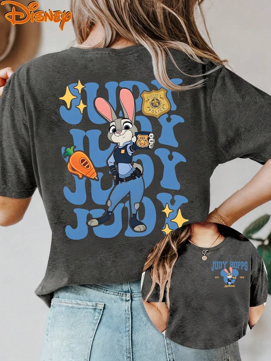 Disney License T Shirts,Disney Zootopia Judy Hopps Police1 Badge Print Oversized T-Shirt For Women, Cute Retro Rabbit Officer Cartoon Graphic Loose Fit Casual Tee,  Zootopia Judy Fans Short Sleeve Tops For Disney World Trip Daily Wear Birthday Gift ,Camiseta, Summer Outfits For Women, Summer Clothes, Summer Tops, Tops For Women, Festival Outfits, Summer Tops For Women, Mother's Day, Mother's Day Clothing, Gifts For Family And Friends, Spring Outfits For Women, Officially Licensed Disney T-Shirts, Disney Men's And Women's Spring/Summer Fashion Casual Short-Sleeve T-Shirts - 灰色 - 查看 1