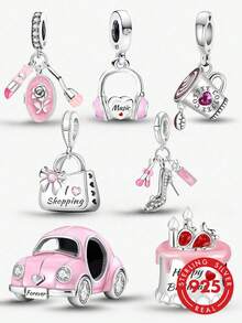 1 pieza Colgante delicado de cuentas de plata esterlina 925 rosa, adecuado para hacer pulseras de joyería DIY para mujeres - Plateado - Ver 2