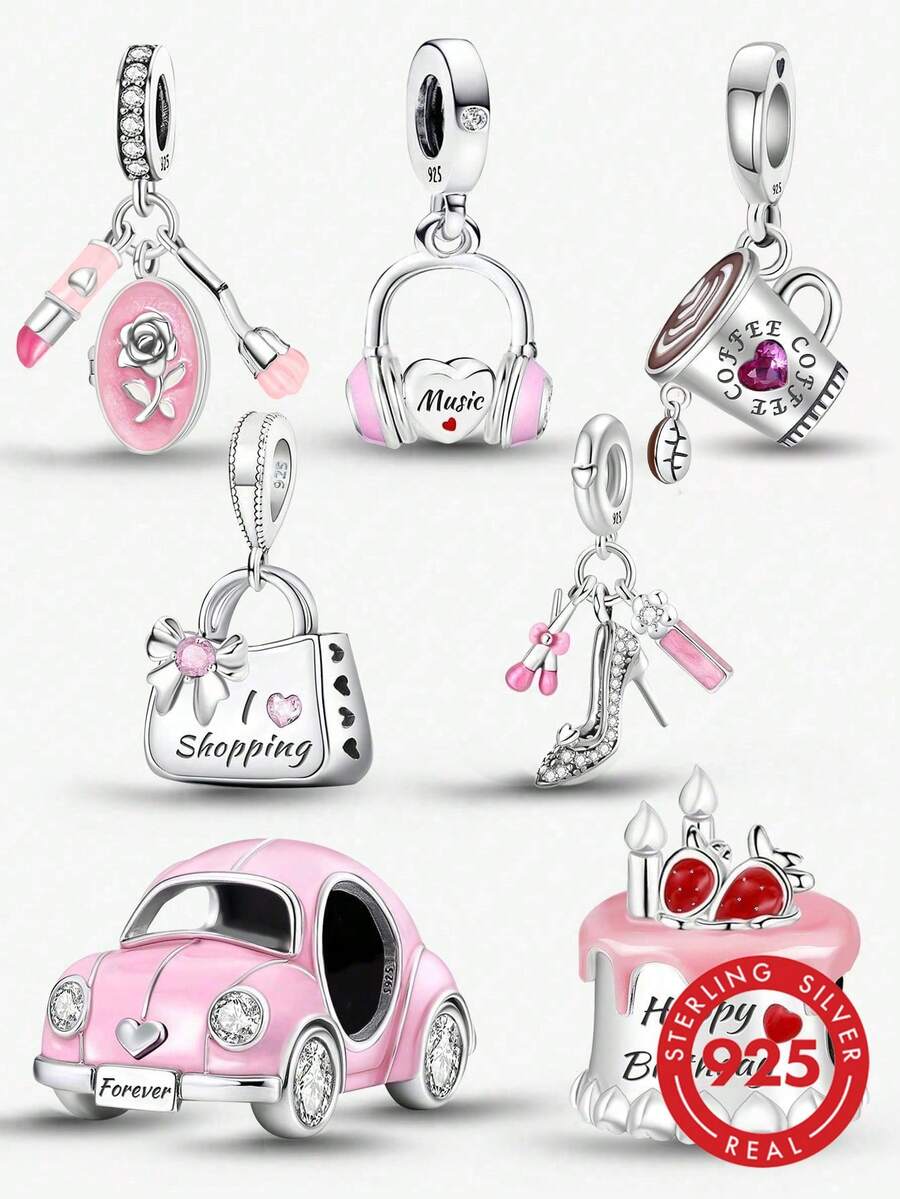 1 pieza Colgante delicado de cuentas de plata esterlina 925 rosa, adecuado para hacer pulseras de joyería DIY para mujeres