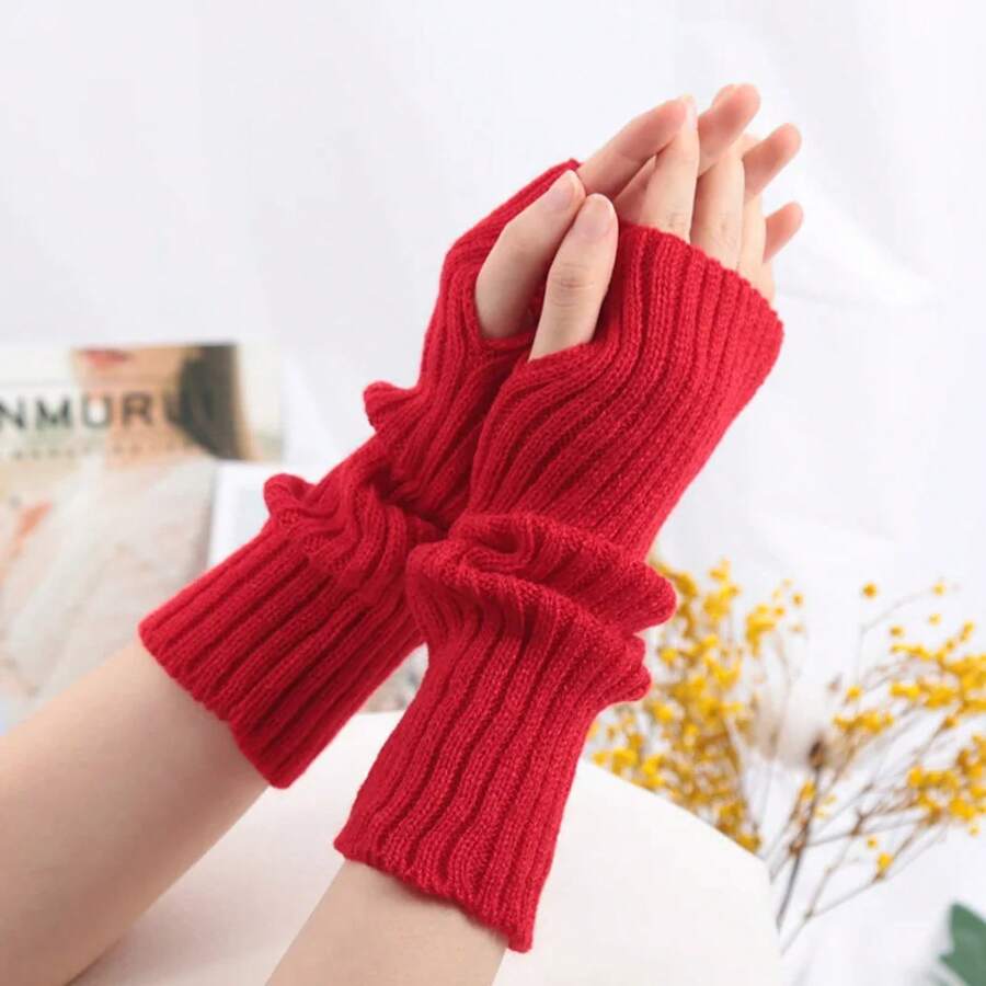 Long Fingerless Gloves Women Mitten Winter Arm Warmer Knitted Arm Sleeve Fashion Casual Soft Girls Clothes Punk Gothic Gloves - Đỏ - Xem 1