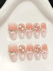 10 PIEZAS Uñas Postizas Ovaladas Medianas Hechas a Mano para Fiestas y Uso Diario, Uñas de Color Rosa, Lazo Rosa, Brillantes y Deslumbrantes, Fáciles de Usar 10 piezas Uñas Postizas Hechas a Mano Estilo Y2K, Uñas de Verano, Estilo de Verano, Adecuadas para Niñas y Mujeres Festivales Fiestas y Uso Diario - Rosa Pálido - Ver 11