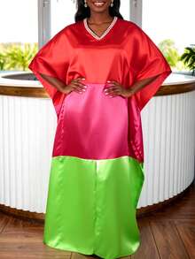 Vestido largo y suelto de satén para mujer AOMEI, con cuello en V, decoración de perlas y mangas tipo murciélago, vestido modesto tipo kaftan, adecuado para la iglesia y ocasiones formales - Rojo - Ver 5