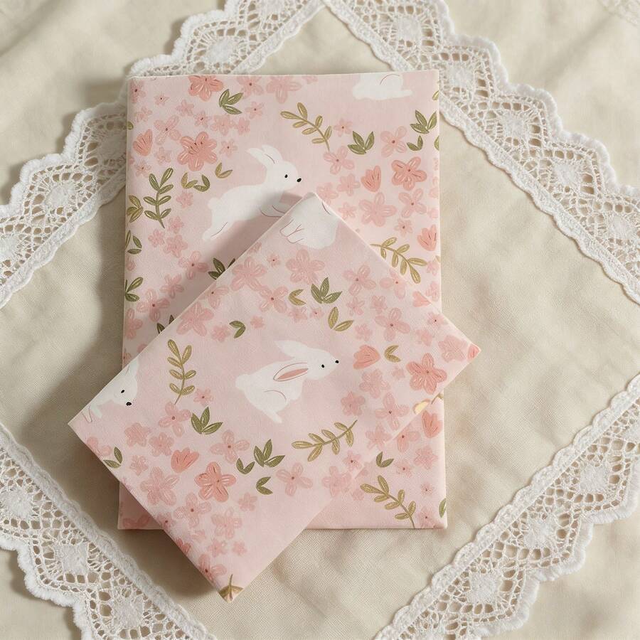 Adjustable Fabric Book Cover, Cute Pink Rabbit & Ditsy Floral Washable Anti-Scratch Notebook/Planner Protective Case, Fits A5/A6 Size - Flower Rabbit - View 1