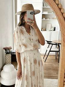 Bộ đồ 2 mảnh dành cho nữ, áo kiểu không tay thanh lịch mùa hè và chân váy cạp cao in hoa, phong cách Bohemian cho kỳ nghỉ biển. - Màu be - Xem 3