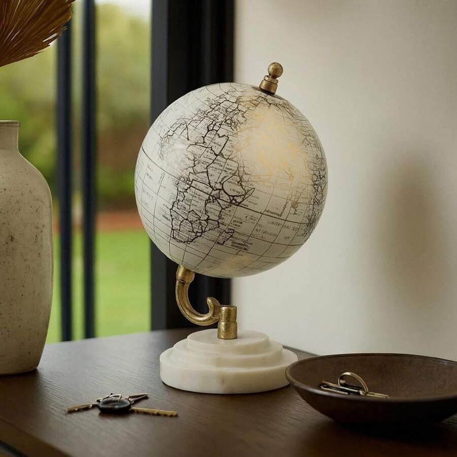 Decorative Globe On Redged Marble Base For Home Or Office Decor - Modern Desktop Globe For Living Room Decor Or Shelf Display - Ornament For Desk, Hallway, Or Coffee Table - 10", White & Gold - 白色 - 查看 1