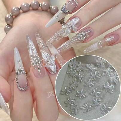 20件套3D闪光白色花朵美甲装饰品，樱花花瓣珠子钻石配件，手工DIY美甲用品