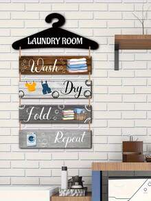 2D Flat Vintage Farmhouse Laundry Room Wall Decor - Rustic Blue & White Faux Wood Decor With Laundry Stage Labels (Wash, Dry, Fold, Repeat) - Bathroom, Bedroom, Laundry Room Wall Art - Includes Easy Installation Hardware, Farmhouse Style, Handcrafted Look, Home Decor, 2D Flat - Multicolor - View 5