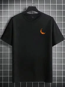 Camiseta de manga corta con cuello redondo y estampado de luna, cómoda y casual, versátil para el verano - Negro - Ver 4