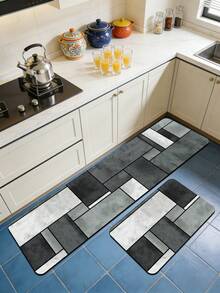 1pc Silica Gel Kitchen Mat, Featuring Mondrian-Style Abstract Geometric Pattern In Black, White And Gray Tones Imitating Stone Texture, Presenting A And Luxurious Industrial Design. The Kitchen Mat Has A Fashionable Cushioning Anti-Fatigue Surface Fabric With Absorbent Sponge Material Inside. - Multicolor - View 2