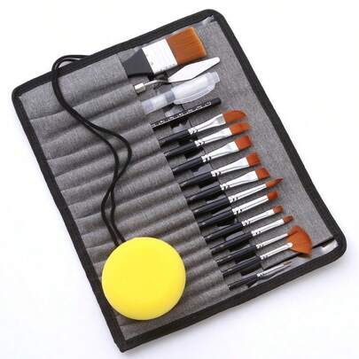 18pcs Nylon Hair Watercolor Brush Set, Acrylic Paint Brushes With Canvas Wrap, Art Supplies