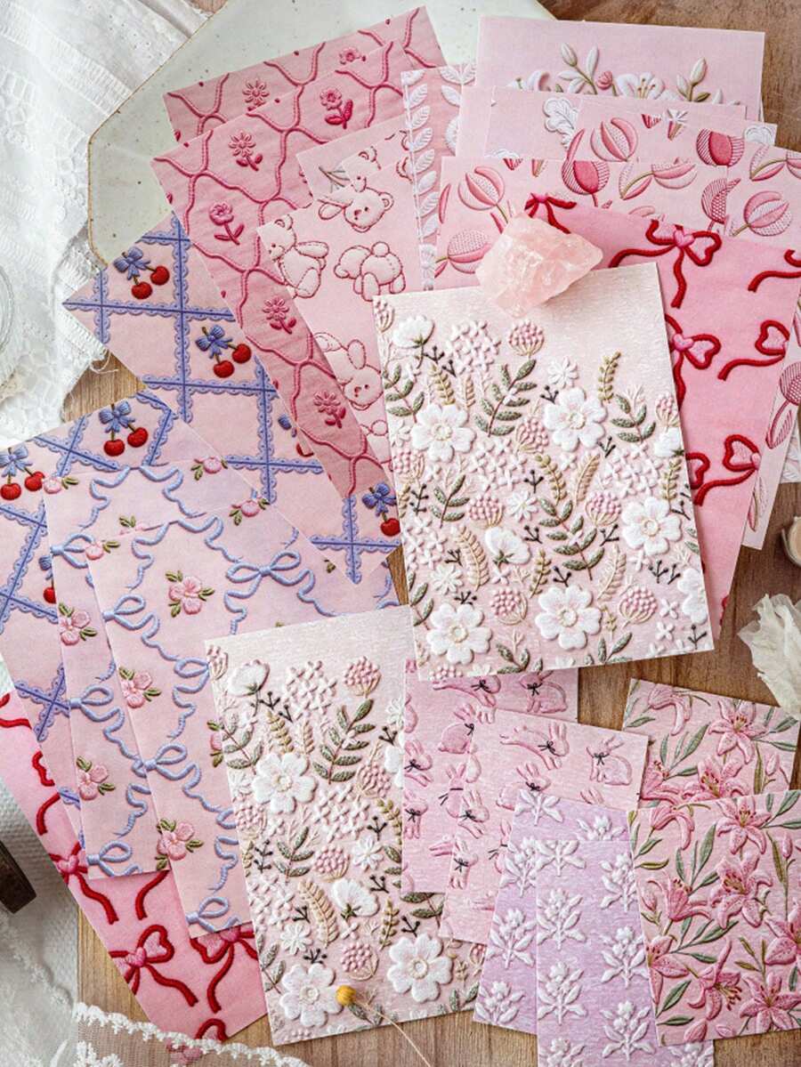 28 piezas/paquete Papel bordado en relieve, material de diario creativo retro hecho a mano, papel decorativo para oficina y útiles escolares, de vuelta a la escuela - A - Ver 1