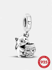1pc 925 Sterling Silver Cat & Fish Tank Pendant Bead, Suitable For Women Bracelet, Bangle DIY Jewelry Making And Daily Wear Accessories, Suitable For Girls - Cat and Fish Tank - View 1