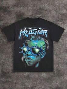 Y2K Tops, Hell Star Cyber Goggles Boy Heavyweight Spiked Glasses Graphic Tee, Grunge, Oversized, Retro, Short Sleeve,   For Mengraphic T,Men's Clothes,Summer - 黑色 - 查看 1