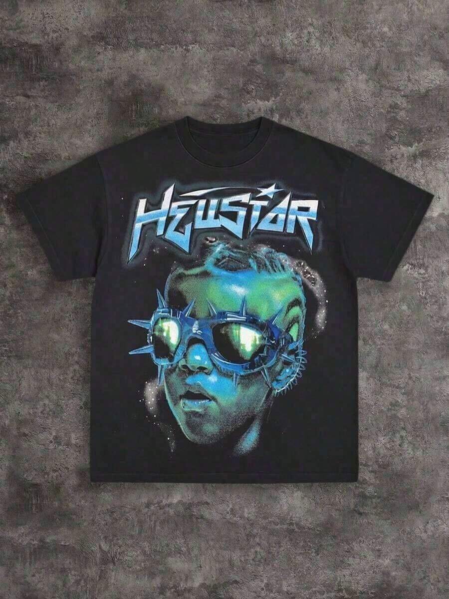 Y2K Tops, Hell Star Cyber Goggles Boy Heavyweight Spiked Glasses Graphic Tee, Grunge, Oversized, Retro, Short Sleeve,   For Mengraphic T,Men's Clothes,Summer - 黑色 - 查看 1