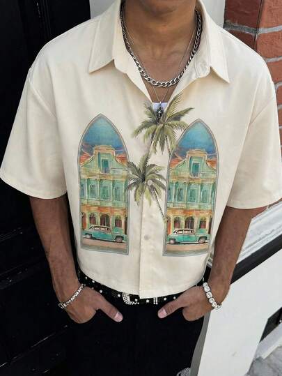 FRACTYR 男士复古建筑与棕榈树印花短袖衬衫，宽松小众设计透气休闲衬衫