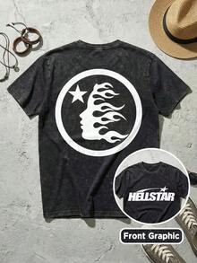 Retro Washed Graphic T-Shirt,100 % Cotton Unisex Streetwear, Men's Y2K Grunge Hellstars Slogan & Cracked Text Comet Star Graphic Double-Sided Print T-Shirt, Acid Washed Tee, Fire Face Profile Dark Aesthetic Oversized T Shirt, Graphic Tees Men, Camisetas Para Hombre, Ropa De Hombre, Playera De Hombre, Navidad,Summer Outfits For Men Woman IXXE - 黑色 - 查看 2