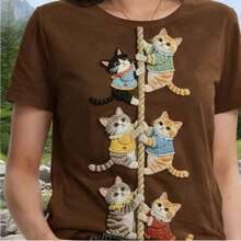 Women's Short-Sleeved T-Shirt With A Cute Kitten Climbing A Rope Print - Plain, Standard Size, Machine Washable, Ideal For Casual Wear In Spring, Summer, And Autumn. - 鏽棕色 - 查看 1