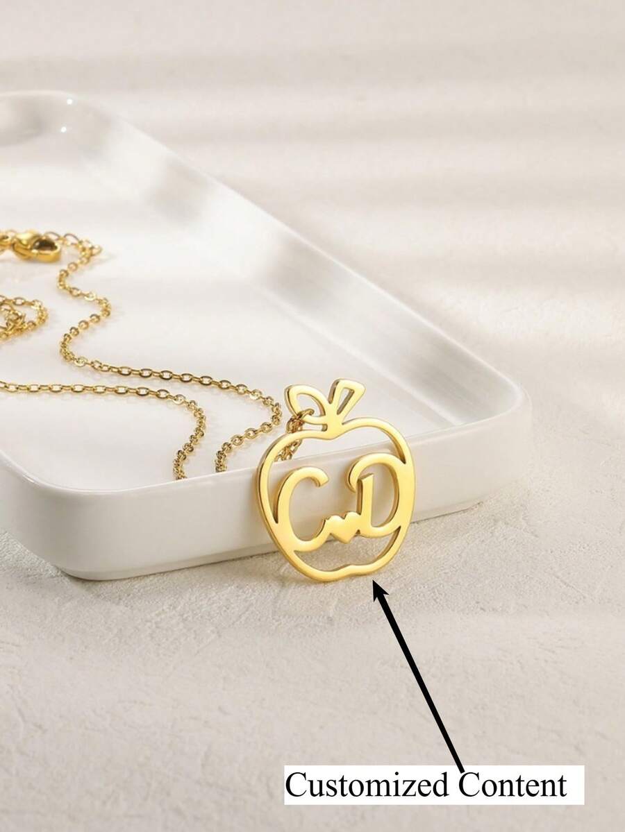 Customized Necklace Pendant, Personalized Double Letter Apple Pendant Necklace - Customized Engraved Elegant Minimalist Jewelry Necklace, Custom Design - Multicolor - View 1