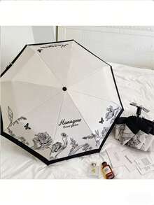 1pc Fully Automatic Open/Close Umbrella With Secret Garden Pattern, UV Protection Function, Suitable For Sunny And Rainy Days, Foldable Travel Umbrella - Black and White - View 12