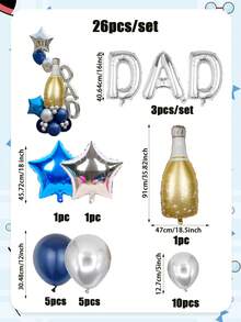 26件組藍色立式鋁箔氣球套裝，包含金色紅酒瓶、"DAD"字母、五角星、乳膠氣球，適合爸爸節裝飾、家庭聚會慶祝、父親節主題派對 - 彩色 - 查看 2