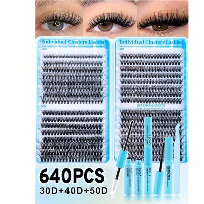 640pcs (30D+40D+50D) DIY Eyelash Extension Kit - Includes Fake Lashes, Glue, Makeup Remover, Tweezers And Brush, Professional And Beginner Friendly, Easy To Use At Home, Eyelash Extension Set For Beginners: All-In-One Kit With Lashes, Glue, Remover And Tools, Apply Like A Pro At Home