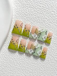 10Pcs Forest Inspired Style Handmade Nail Art Set,Unghie Press On,Openwork Butterfly, Diamond Nail Art Accessories,Hand Sculpted Petals, Lines And Polka Dots Nail Art Decorations,Green Nail Polish,Fresh Style,Comes With Nail Tools(1 Sheets Jelly Stickers+1PC Nail File)3 Sizes Available,Almond Nails, Duck Nails,Coffin Nails,Suitable For Reunion,Daily,Party,Photograph,Play,Spring Summer,Commute Supplies Nails - 彩色 - 查看 13