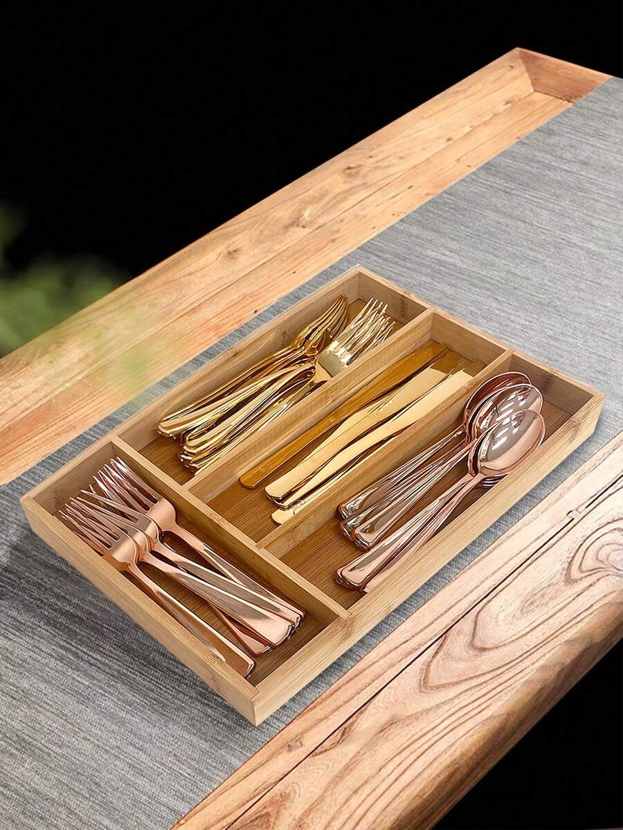 1pc Drawer Organizer, Kitchen Drawer Divider With 4 Compartments, Premium Cutlery And Utensil Tray For Kitchen, Bathroom, Desk - Wood Color - View 1