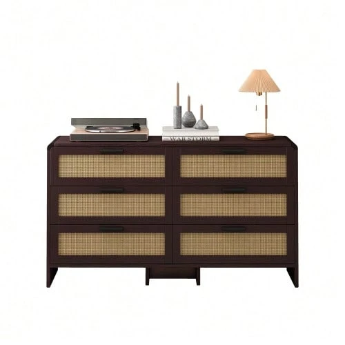 130 Cm Long, Arched Corner Rattan Cabinet With 6 Drawers, Suitable For Living Room, Bedroom And Kitchen, Natural - 卡其色 - 查看 1