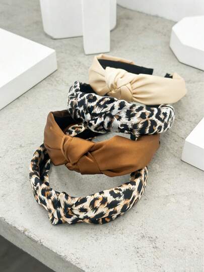 4 piezas/Set de accesorios para el cabello con estampado de leopardo de moda, popular, retro y clásico para mujeres, de tela de alta calidad resistente a las arrugas con diseño de nudo, crea una parte superior craneal alta, versátil para uso diario casual, ir y venir y uso al aire libre, verano, vacaciones, viajes