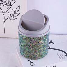 1pc Rhinestone Decorated Trash Can, Swivel Cover Desk Organizer Suitable For Makeup Vanity, Bedroom, Office - Multicolor - View 20
