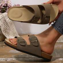 Women's Sandals Flats Soft Open Toe Summer Slide With Adjustable Buckle Slippers Shoes - Nâu sẫm - Xem 3