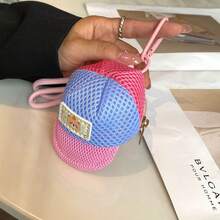 1pc Solid Color Color‑Block Mesh Mini Baseball Cap Shaped Coin Purse, Cute Bear Patch Earphone Case Keychain Pendant, Casual Portable Small Bag Charm For Women - 鴨舌粉 - 查看 2