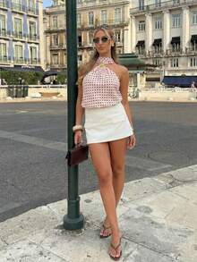 HoloChill 女士休闲撞色波点无袖吊带上衣，夏季新款金属花朵装饰荷叶边下摆网纱上衣，女士夏季套装，派对/假日/海滩度假装 - 淺粉色 - 查看 8