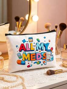 Borsa cosmetica con motivi a cartoni animati di "Tutti i miei farmaci" con pillole e bottiglie di medicinali, borsa da viaggio rossa con cuscino ad aria, borsa per il trucco, borsa per prodotti per la cura della pelle, elementi essenziali da viaggio, forniture per dormitorio, borsa da viaggio, borse a tracolla, smalto per unghie, borsa pieghevole per lo stoccaggio, stoccaggio di prodotti di bellezza, borsa per il caricabatterie, per l'estate, le vacanze, la spiaggia, i pendolari, regalo per la festa della mamma - Multicolore - Visualizzare 2