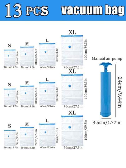This Vacuum Compression Storage Bag Set Includes High-Quality Transparent Vacuum-Sealed Storage Bags, Perfect For Storing Travel Essentials, Clothing, Bedding, Blankets, And More. The Set Is Portable, Features A Built-In Compressor, And Requires No Electricity. Furthermore, It's Suitable For Decorating, Holiday Decorations, Room Decor, Home Furnishings, Bedroom Decorations, And For Storing Dresses, Pants, Shoes, Jeans, Boots, Skirts, And More.