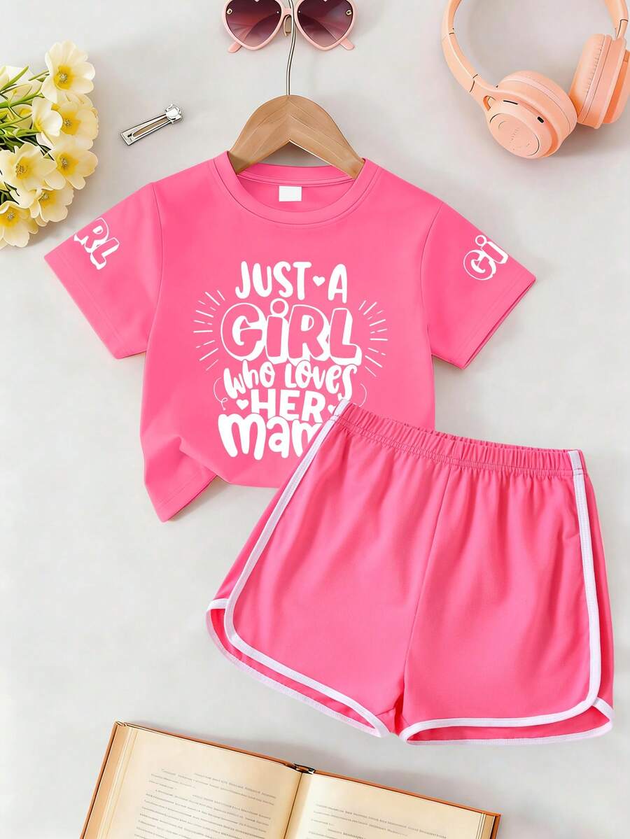 Teenage Girls Casual Cute Slogan Graphic Round Neck T-Shirt + Shorts Set, Comfortable Summer Outfit - Multicolor - View 1