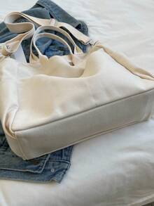 时尚大容量女士托特包，帆布单肩斜挎包，手提包，笔记本电脑背包，多口袋中号 - 白色 - 查看 7