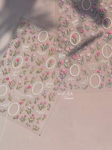 1 tờ sticker dán móng tay hình hoa tulip hologram viền vàng, sticker chữ cái tình yêu hình tròn đính ngọc trai 3D, phụ kiện trang trí móng tay mùa xuân ngọt ngào tự làm. - Nhiều màu - Xem 3